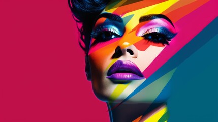 A androgynous woman bright makeup rainbow colors lines, embodying the essence of artistic expression