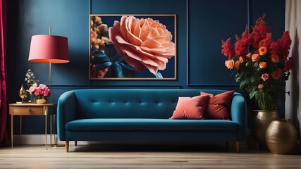 The interior of a contemporary living room features a horizontal poster hanging on a brick wall next a dark blue sofa; in the distance, a mirror is seen above the flower-filled cabinet. - obrazy, fototapety, plakaty