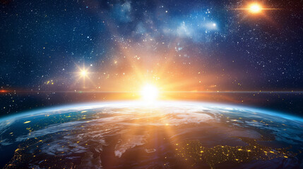The background image depicts the Earth with the sun rising in the center, surrounded by stars in the blue sky. Rendered in a cinematic style, this composition evokes a sense of awe and wonder