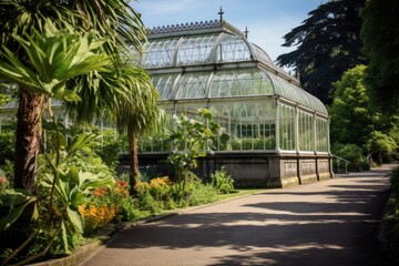 Dublin National Botanic Gardens, Ireland: A scene from the historic glasshouses and lush greenery of the botanic gardens.