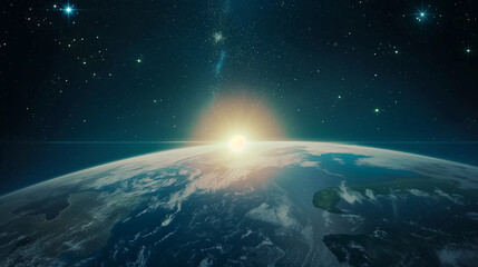 Obraz premium The background image features the Earth with the sun rising in the center, surrounded by stars and space. Rendered in a cinematic style, this composition evokes a sense of wonder and awe