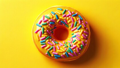 Illustration of glazed donut with colorful sprinkles on yellow background.	