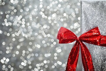 Silver Christmas background with red bow .