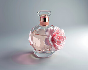 Super luxury high fashion designed female perfume bottle 3d generated, ad mockup isolated on a white and gray background.