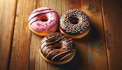 Illustration of three glazed donuts on wooden background.