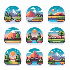 A set of nine flat design icons of landscapes, stickers illustrations, landscape illustration, vector illustration