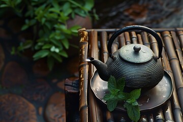 Tea kettle with mint on bamboo .