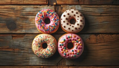 Illustration of four glazed donuts with sprinkles on wooden background, top view.