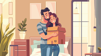 Happy young man holding his wife with box in room