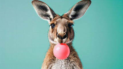 Kangaroo chewing pink bubble gum, turquoise background