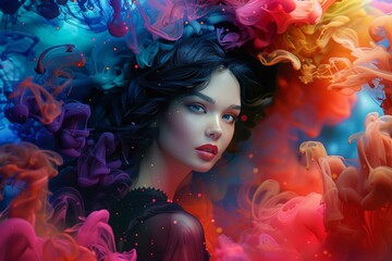 Close-up portraits by adding more sophisticated and artistic elements. Dramatic play of light and shadows to emphasize the texture and flow of the elegant black hair against the vibrant backdrop