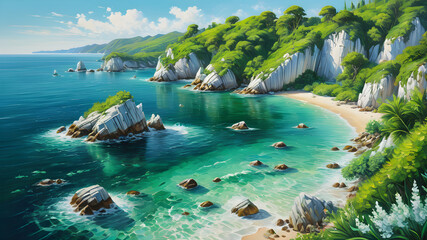 Stunning Green Coastline with White Rock and Crystal Blue Water Teeming with Aquatic Life