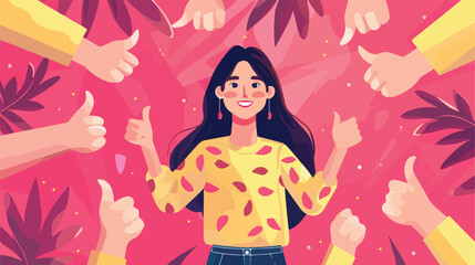 Happy young woman surrounded by hands with thumbs up