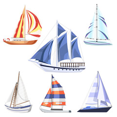 Collection of ships and yachts with sails, isolated on a white background.Vector set of sea transport for summer designs, textiles.