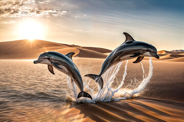 In the image, two dolphins are jumping out of the water with a desert in the background. The sky is orange, and there's a ship's sail in the distance.