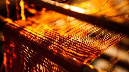 Textile machine weaving fabric, close-up on threads, intricate detail, warm lighting.