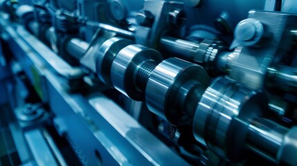Fototapeta premium Hydraulic machinery in motion, close view of pistons and valves, steel blue tones, sharp focus.