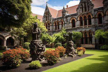 Fototapeta premium Dunedin Public Art Gallery, New Zealand: The beautiful garden surrounding the art gallery with sculptures and plantings.