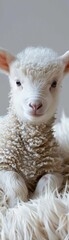 A baby lamb is sitting on a fluffy white blanket