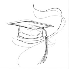 Graduation cap - School education object, one line drawing continuous design, vector illustration.
