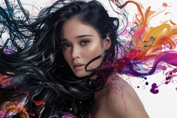 3D model of the first enhanced portrait from the series. the model's flowing black hair is rendered dramatically, accentuated by intricate colored ink droplets swirling around her