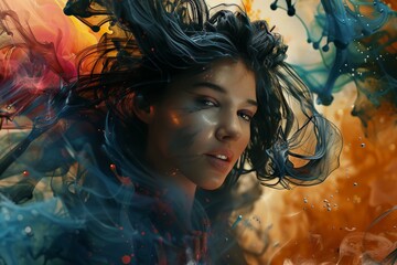 3D model of the first enhanced portrait from the series. the model's flowing black hair is rendered dramatically, accentuated by intricate colored ink droplets swirling around her