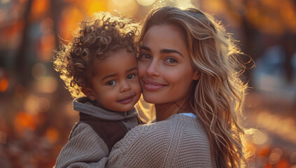 Obraz premium Happy mother holding her baby against a nature background
