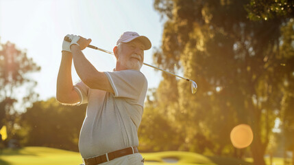 A senior man playing golf on a sunny day