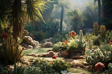 Fototapeta premium Nikitsky Botanical Garden, Russia: A scene from the subtropical plants section in Crimea.