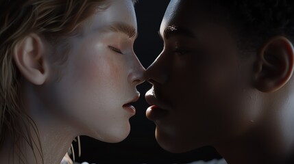 A detailed 3D macro visualization of a couple exchanging a kiss in an isometric view, focusing on the realism of facial expressions and the emotional intensity of the moment.