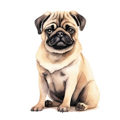 Fototapeta premium AI-Generated Watercolor cute Pug sitting Clip Art Illustration. Isolated elements on a white background.