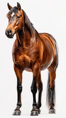 A brown horse stands in front of a white background
