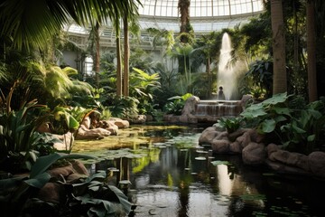 Frankfurt Palmengarten, Germany: A scene from the palm house and themed gardens in Frankfurt's botanical garden.