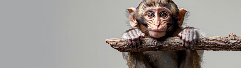 A baby monkey is holding a branch in its mouth - Powered by Adobe