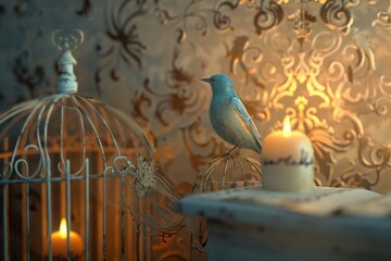 A shabby chic wallpaper adorned with delicate writing. A tiny blue mesange sits perched on top of a white cage, while an arabesque background adds to the ambiance