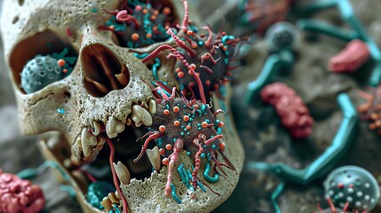 A macro 3D illustration of pathogenic bacteria on the surface of a human skull, each pathogen detailed enough to show distinct features that contribute to its virulence. - obrazy, fototapety, plakaty
