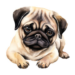 Obraz premium AI-Generated Watercolor cute Pug lying down Clip Art Illustration. Isolated elements on a white background.