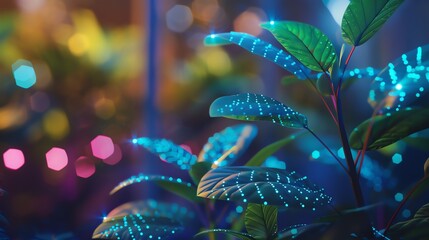 A macro 3D scene of a plant with wave-shaped leaves and stems, integrated with tiny neon dots that function as growth sensors, set in a tech-enhanced greenhouse environment.