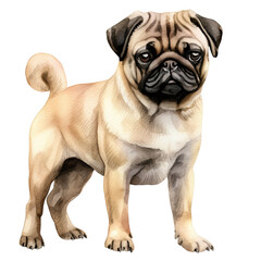 Obraz premium AI-Generated Watercolor cute Pug standing Clip Art Illustration. Isolated elements on a white background.