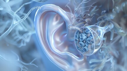 A macro 3D visualization of a human ear, enhanced with mechanical hearing aids intertwined with plant-derived auditory sensors - obrazy, fototapety, plakaty