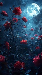 A field of red roses is illuminated by the light of the moon