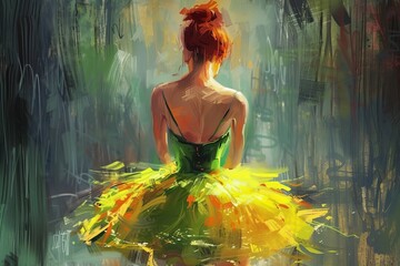 Conceptual art piece featuring a young anime ballerina, portrayed in an oil painting style. The subject is captured from behind, her red hair coiled perfectly into a bun