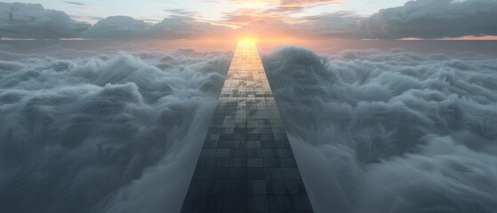 A long, narrow bridge is shown in the sky with a sun rising behind it - Powered by Adobe