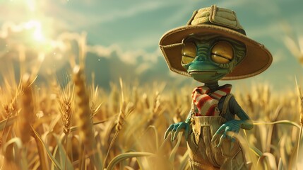 A 3Dgreen alien with a rugged farmer outfit standing proudly in a field of wheat that waves in an otherworldly breeze