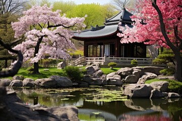 Fototapeta premium Montreal Botanical Garden, Canada: A spring scene from the Japanese Garden and Chinese Garden.
