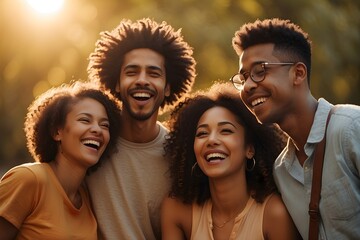 Obraz premium Illustration of the Joy of Friendship with a Diverse Group of Friends Laughing Together, Illuminated by the Radiant Hues of the Golden Hour