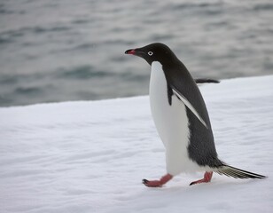 Pinguin läuft auf Schnee in der Kälte in der Antarktis in der freien Wildbahn