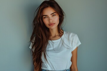 Fototapeta premium beautiful young standing woman, wearing white t-shirt and jeans
