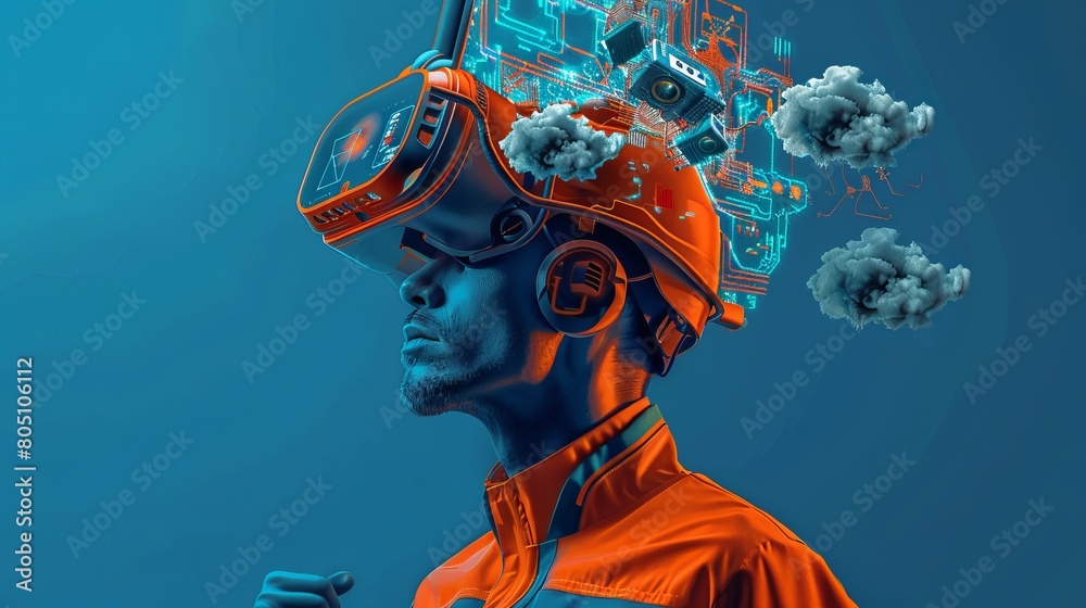 Poster advanced cybernetic interface on humanoid profile. view of a humanoid with an advanced cybernetic in