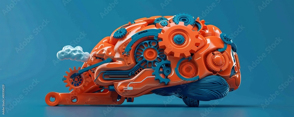 Poster metaphorical image of an engineers brain, structured like a motherboard with clouds and gears as the